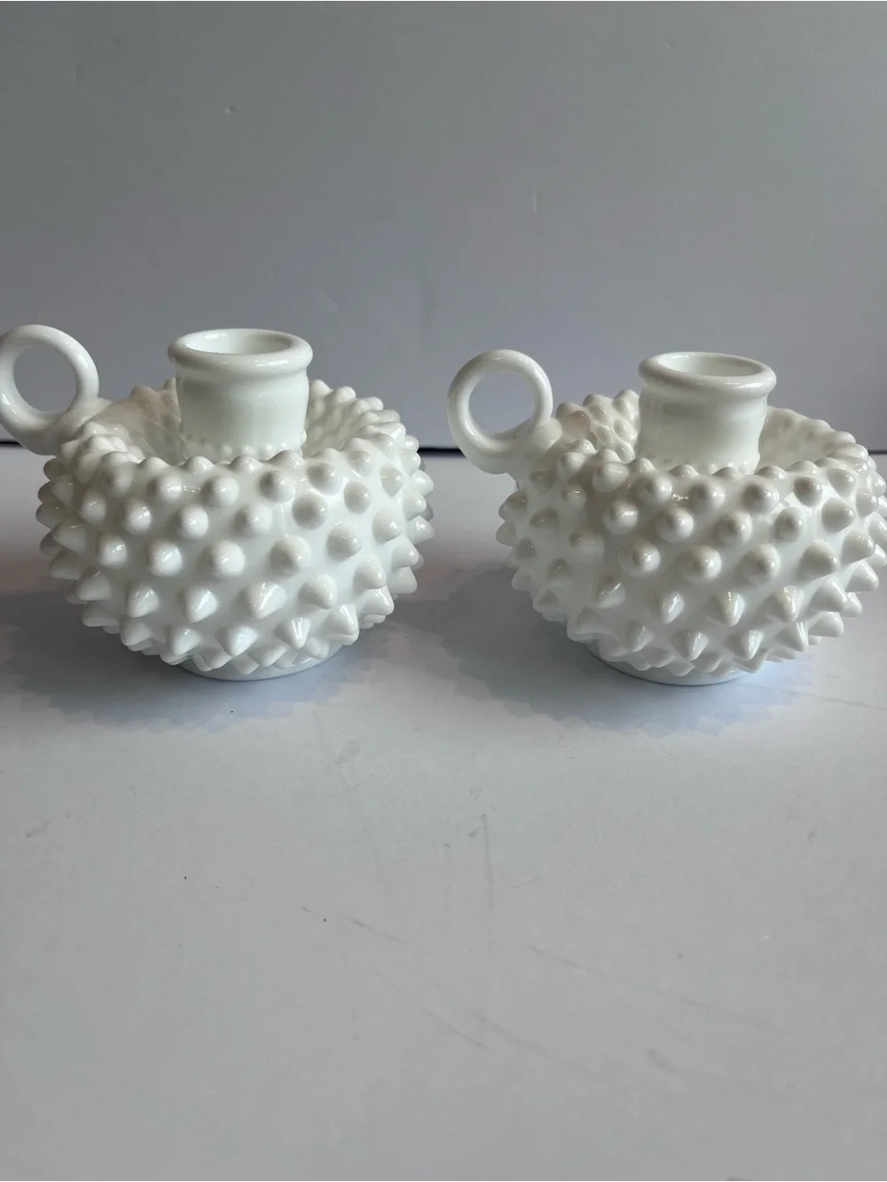 Vintage Fenton Hobnail Milk Glass Candlestick Holders Finger Loop Pair